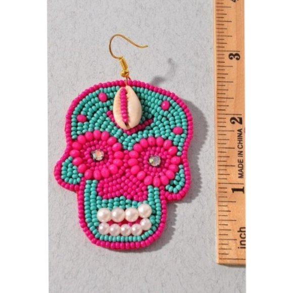 Beaded Sugar Skull Earrings | Pink & Turquoise Boho Dangle Statement Jewelry - Picture 4 of 6